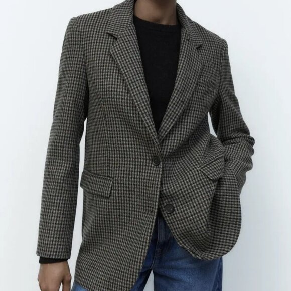 Zara Wool Blend Houndstooth Blazer XL - Picture 1 of 16